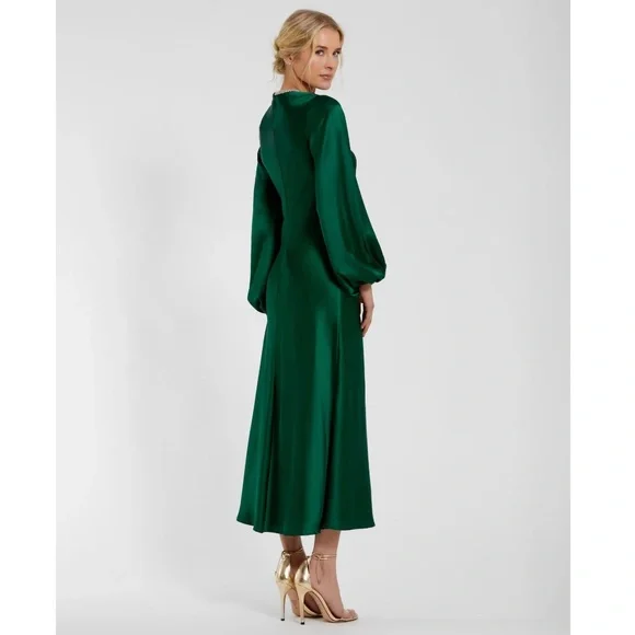 Mac Duggal Emerald Green Satin High Neck Long Sleeve Crystal Detail Midi Dress - Picture 4 of 4